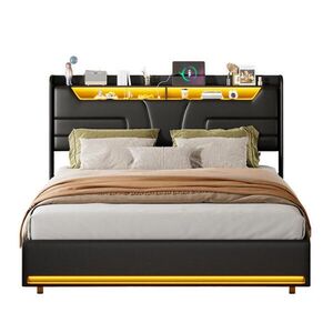 SHOPENTRA ČALOUNĚNÁ postel 140x200 cm Černá PU LED USB Bedbox obraz