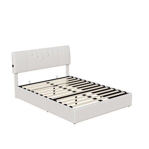 SHOPENTRA ČALOUNĚNÁ postel 140/190 cm ecru s bed boxem a USB porty obraz
