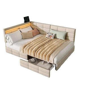 SHOPENTRA ČALOUNĚNÁ postel 140/190 cm béžová, lněná, L-tvarovaná, LED, USB, zásuvky obraz