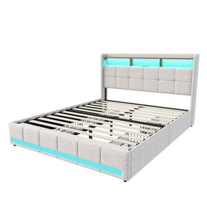 SHOPENTRA ČALOUNĚNÁ postel 140x200 cm béžová lněná LED USB 4 zásuvky obraz