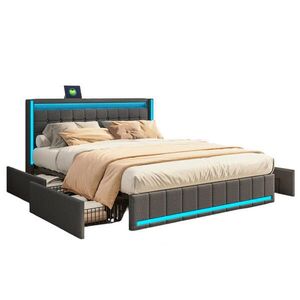 SHOPENTRA ČALOUNĚNÁ postel 140x190 cm tmavě šedá lněná LED USB 4 zásuvky obraz