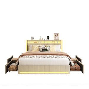SHOPENTRA ČALOUNĚNÁ postel 140x200 cm, lněná, LED, USB Type-C, 4 zásuvky obraz