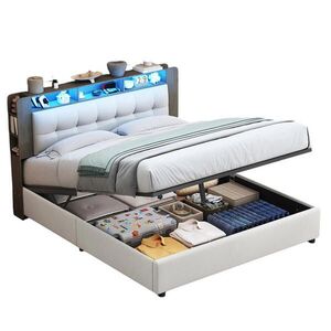 SHOPENTRA ČALOUNĚNÁ postel 140/200 cm bílá s úložným prostorem, LED a USB obraz
