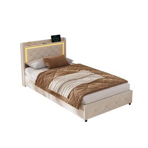 SHOPENTRA ČALOUNĚNÁ postel 90x200 cm béžová sametová LED úložná jednotka s USB obraz