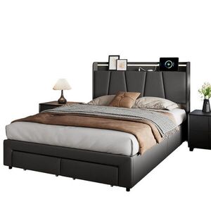 SHOPENTRA ČALOUNĚNÁ postel 160x200 cm šedá lněná LED USB zásuvka obraz