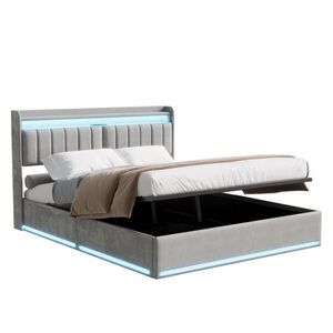SHOPENTRA ČALOUNĚNÁ postel 140x200 cm šedý samet s LED úložným prostorem obraz