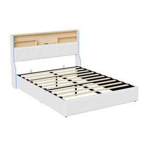 SHOPENTRA ČALOUNĚNÁ postel 160x200 cm Bílá PU kůže LED USB box obraz