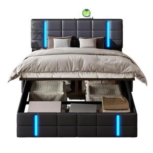 SHOPENTRA ČALOUNĚNÁ postel 140x200 cm Černá PU kůže LED USB bed box obraz