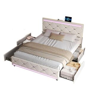 SHOPENTRA ČALOUNĚNÁ postel 140x190 cm béžová LED USB 4 zásuvky obraz