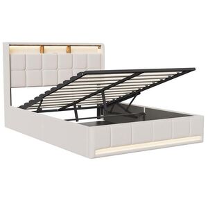 SHOPENTRA ČALOUNĚNÁ postel 140x190cm béžová lněná pneumatická LED USB obraz