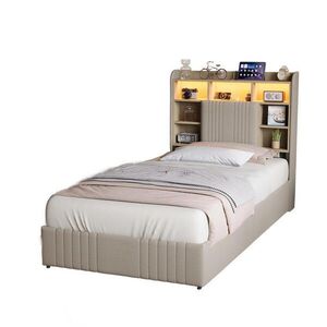 SHOPENTRA JEDNODUCHÁ POSTEL 90/200 cm béžová lněná postel s LED USB zásuvkami obraz