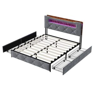 EuroLiving ČALOUNĚNÁ postel 160x200 cm šedá se 4 zásuvkami, LED osvětlením, úložným prostorem, čelem s USB a Type-C obraz