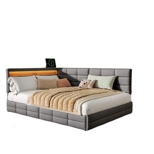 SHOPENTRA ČALOUNĚNÁ postel 140/200 cm béžová, lněná, L-tvar, LED, USB zásuvky obraz