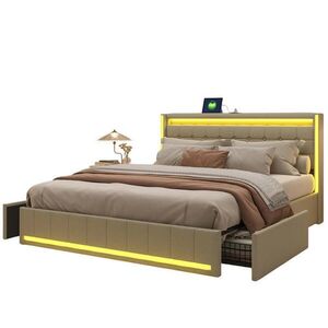 SHOPENTRA ČALOUNĚNÁ postel 140/190 cm béžová se zásuvkami, LED a USB obraz