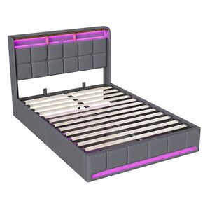 SHOPENTRA ČALOUNĚNÁ postel 140x190cm šedá lněná pneumatická LED USB-C obraz