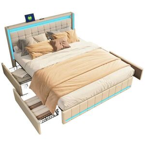 SHOPENTRA ČALOUNĚNÁ postel 160x200 cm béžová s LED osvětlením a 4 zásuvkami obraz