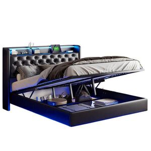 SHOPENTRA ČALOUNĚNÁ postel 160x200 cm Černá PU LED USB úložný prostor obraz
