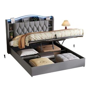 SHOPENTRA ČALOUNĚNÁ postel 160/200 cm šedá s bed boxem a bezdrátovým nabíjením obraz