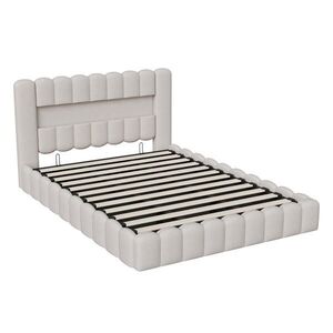 SHOPENTRA ČALOUNĚNÁ postel 180x200 cm béžová LED USB úložný prostor s lněným prádlem obraz