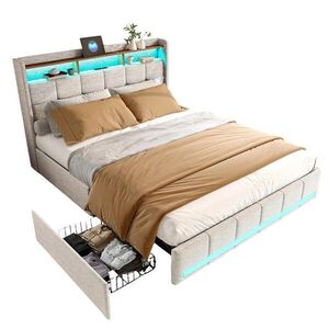 SHOPENTRA ČALOUNĚNÁ postel 180x200 cm béžová, lněná, LED, USB Type-C, 4 zásuvky obraz