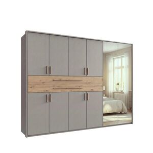 luma-home SKŘÍŇ S OTOČNÝMI DVEŘMI B273/H210/T58 cm, pískově šedá, šatní skříň s paspartou, 2 zrcadla, 2 velké zásuvky a úchytky v dekoru dub Artisan / obraz