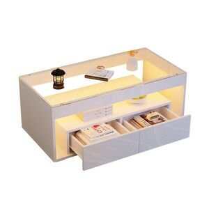 STILVORA KONFERENČNÍ STŮL bílý se 2 zásuvkami a LED osvětlením, do obývacího pokoje, 100×50×40 cm obraz
