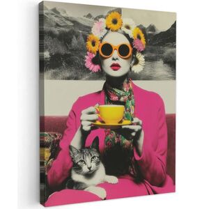 MuchoWow OBRAZ NA PLÁTNĚ Žena - kočka - květiny - šálek - retro 60x80 cm obraz