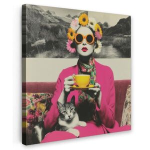MuchoWow OBRAZ NA PLÁTNĚ Žena - kočka - květiny - šálek - retro 20x20 cm obraz