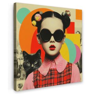 MuchoWow OBRAZ NA PLÁTNĚ Dívka - Sluneční brýle - Kočka - Retro 20x20 cm obraz