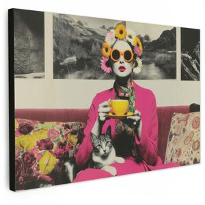 MuchoWow OBRAZ NA PLÁTNĚ Žena - kočka - květiny - šálek - retro 60x40 cm obraz