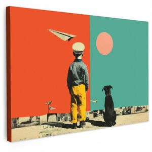 MuchoWow OBRAZ NA PLÁTNĚ Retro - Chlapec - Pes - Červená - Zelená 90x60 cm obraz