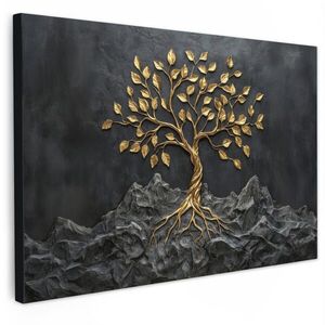 MuchoWow OBRAZ NA PLÁTNĚ Listy - Zlato - Strom - Skála 120x80 cm obraz