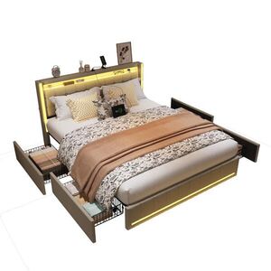 SHOPENTRA ČALOUNĚNÁ postel 160x200 cm, lněná, LED, USB Type-C, 4 zásuvky obraz