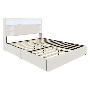 SHOPENTRA HYDRAULICKÁ úložná postel 160x200 béžová, imitace lnu, s úložným prostorem a čelem obraz