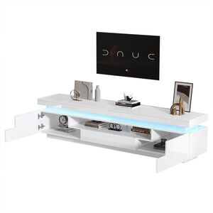 STILVORA TV STOLEK v bílé barvě s LED osvětlením, skříňkami ve tvaru L a zásuvkou, pro TV do 75″, 175 × 38 × 45 cm obraz