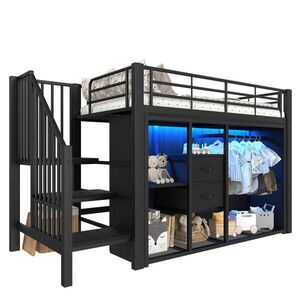 STILVORA HOCHBETT 90/200 cm in Schwarz mit 2 Schubladen, LED und offenem Kleiderschrank obraz