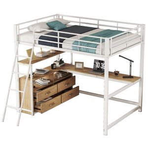 STILVORA PATROVÁ POSTEL 140/200 cm, bílá, kov a MDF, se zásuvkami a rohovým psacím stolem obraz