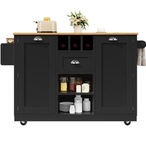 Modfu KUCHYŇSKÝ vozík z MDF 140x70x93, 5 cm černý se sklopnou deskou, policí na víno, zásuvkou a kolečky obraz