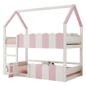 Modfu PATROVÁ postel z dřeva 90x200 cm růžová/bílá s domečkovým designem, žebříkem a bezpečnostními zábranami obraz