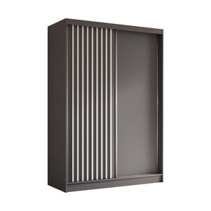 ALTDECOR ŠATNÍ SKŘÍŇ s dýhovanými posuvnými dveřmi a hliníkovými lamelami, LED osvětlení – LABELO – 150 cm šedá+šedá+bílá obraz