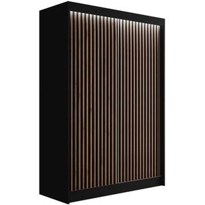 ALTDECOR ŠATNÍ SKŘÍŇ s LED, lamelové posuvné dveře VILANv2 – 150 cm černá + lamely dub wotan obraz