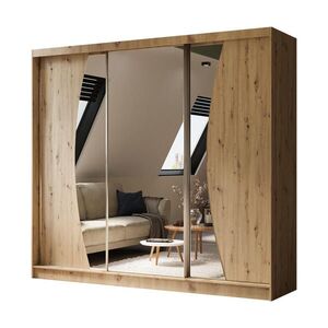 ALTDECOR ŠATNÍ SKŘÍŇ se zrcadlovými posuvnými dveřmi a hliníkovými lamelami, LED osvětlení – VOXI – 240 cm dub artisan obraz