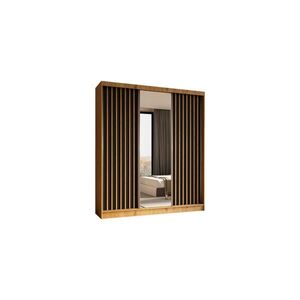 ALTDECOR ŠATNÍ SKŘÍŇ se zrcadlovými posuvnými dveřmi a hliníkovými lamelami, LED osvětlení – LAMELO – 180 cm Artisan + černá + Artisan obraz