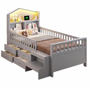 FLIEKS DĚTSKÁ POSTEL 90x200cm Masiv Dřevo LED USB Úložná Šedá obraz