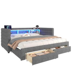 WISHDOR ROZKLÁDACÍ POHOVKA 90/190 cm v šedém sametu s výsuvnou funkcí, LED osvětlením, USB, Type-C a 2 zásuvkami obraz
