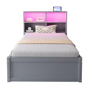 FLIEKS ČALOUNĚNÁ POSTEL 90x200cm Masiv Dřevo LED USB Úložná Šedá obraz