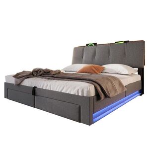 FLIEKS ČALOUNĚNÁ POSTEL 140x200cm Úložná LED USB-C Len Šedá obraz