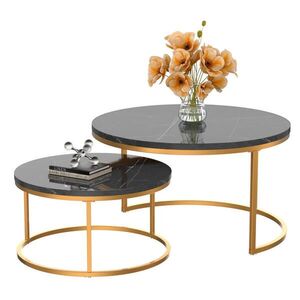 Redom KONFERENČNÍ stolek 80/80 cm minimalistický design s mramorovým dekorem a kovovou konstrukcí, Černá/Zlatá obraz