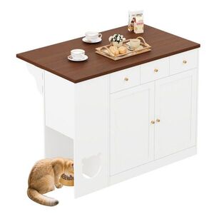 SHOPENTRA KUCHYŇSKÝ ostrůvek bílý/ořech 120x70x90 cm s přihrádkou na krmivo pro domácí mazlíčky obraz