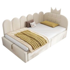 OKWISH DENNÍ postel 90/190 cm béžová z sametu s hydraulickým úložným prostorem a korunkovým čelem obraz